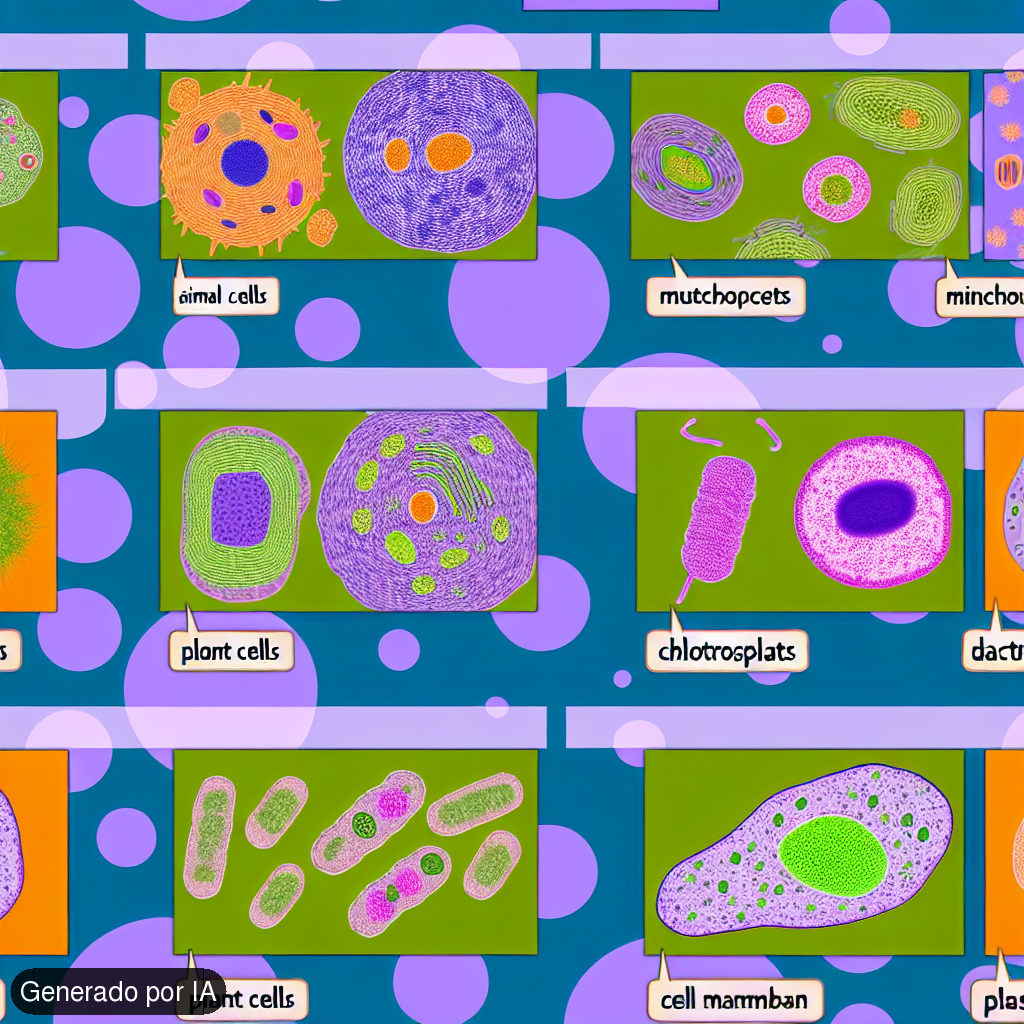 Generate an educational image for a cellular biology course. The image will be a detailed visual representation of various types of cells such as animal cells, plant cells, and bacterial cells. Show each of these cells in a microscopic view along with labels highlighting key components like the nucleus, mitochondria, chloroplasts, cell wall, and plasma membrane. Additionally, include a color contrast to distinguish between different cell types. - Generado por IA